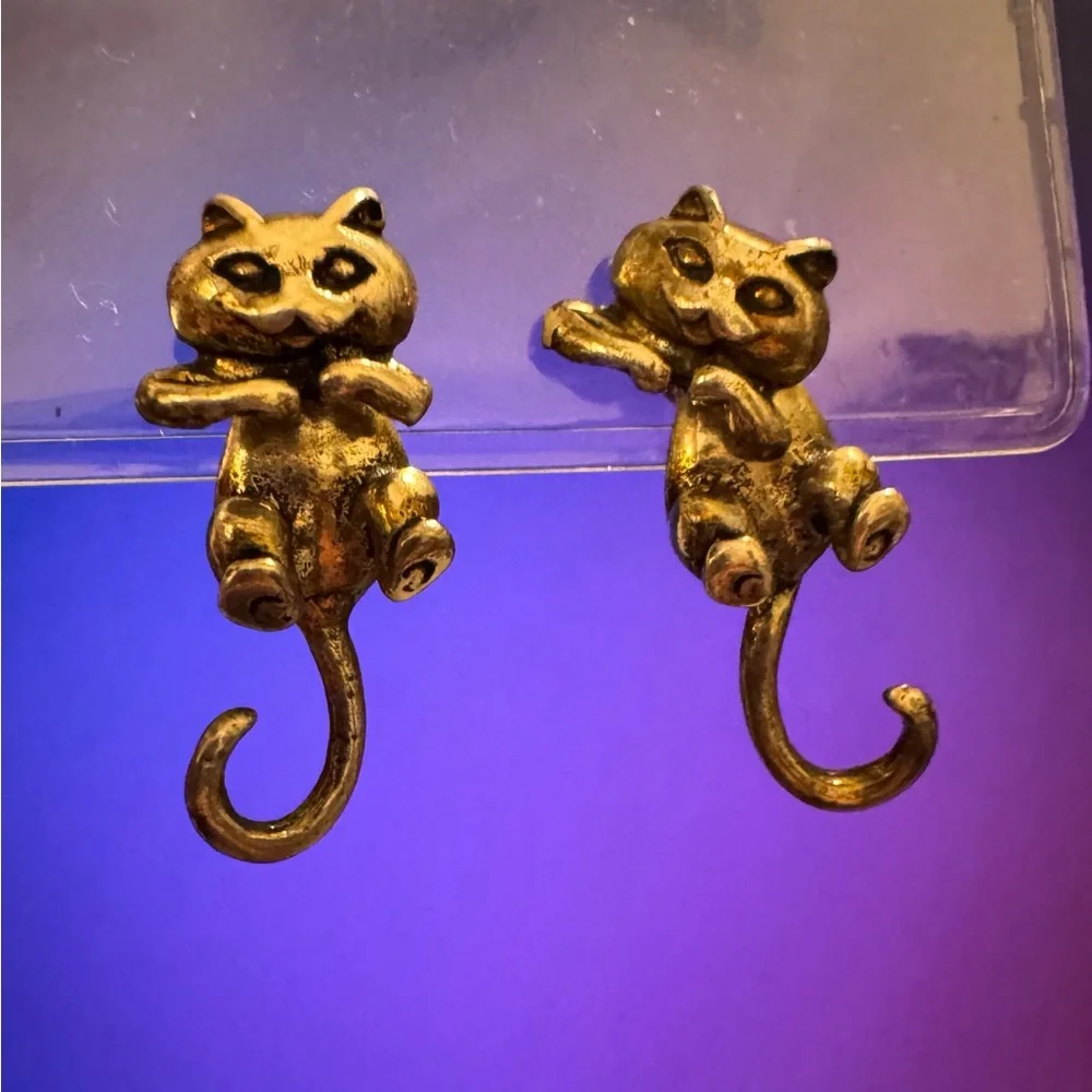 Silver cat earrings stud dangle 925 patina convertible - Picture 2 of 4